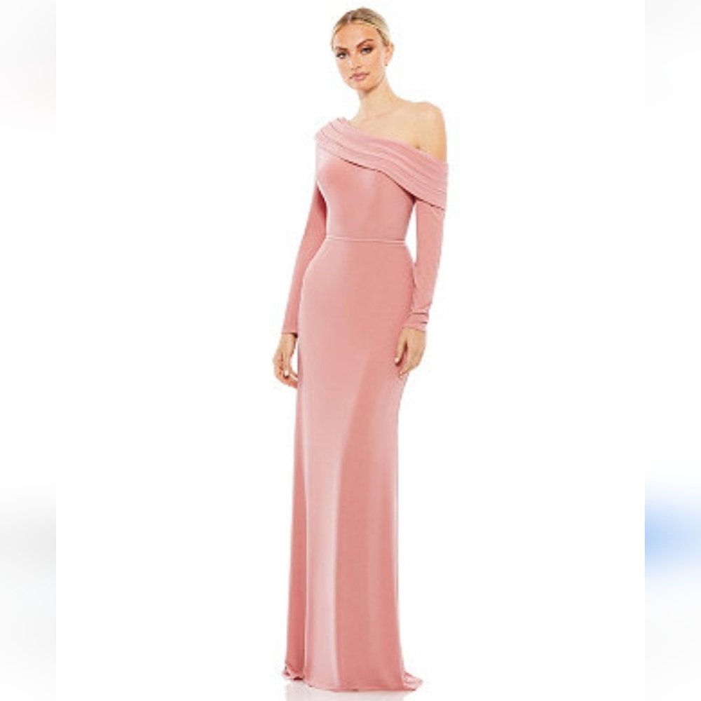 MacDuggal IEENA Long Sleeve Jersey Drape Evening Dress Rose Gold Formal Gown NEW
